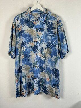 TOMMY BAHAMA Mens Blue Tropical Palm Hibiscus Print Silk Camp Shirt Coastal XXL